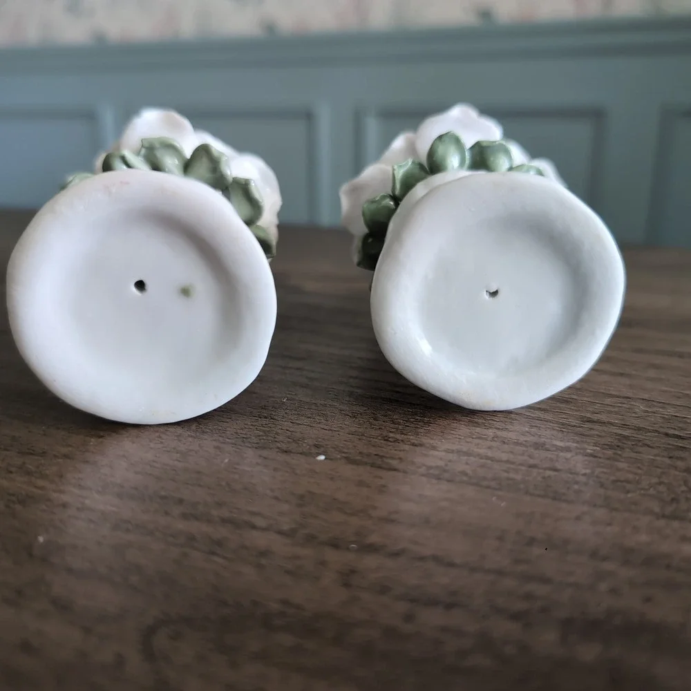 Pair Porcelain Rose Taper Candle‎ Holders Set of 2 White Pink Floral 3